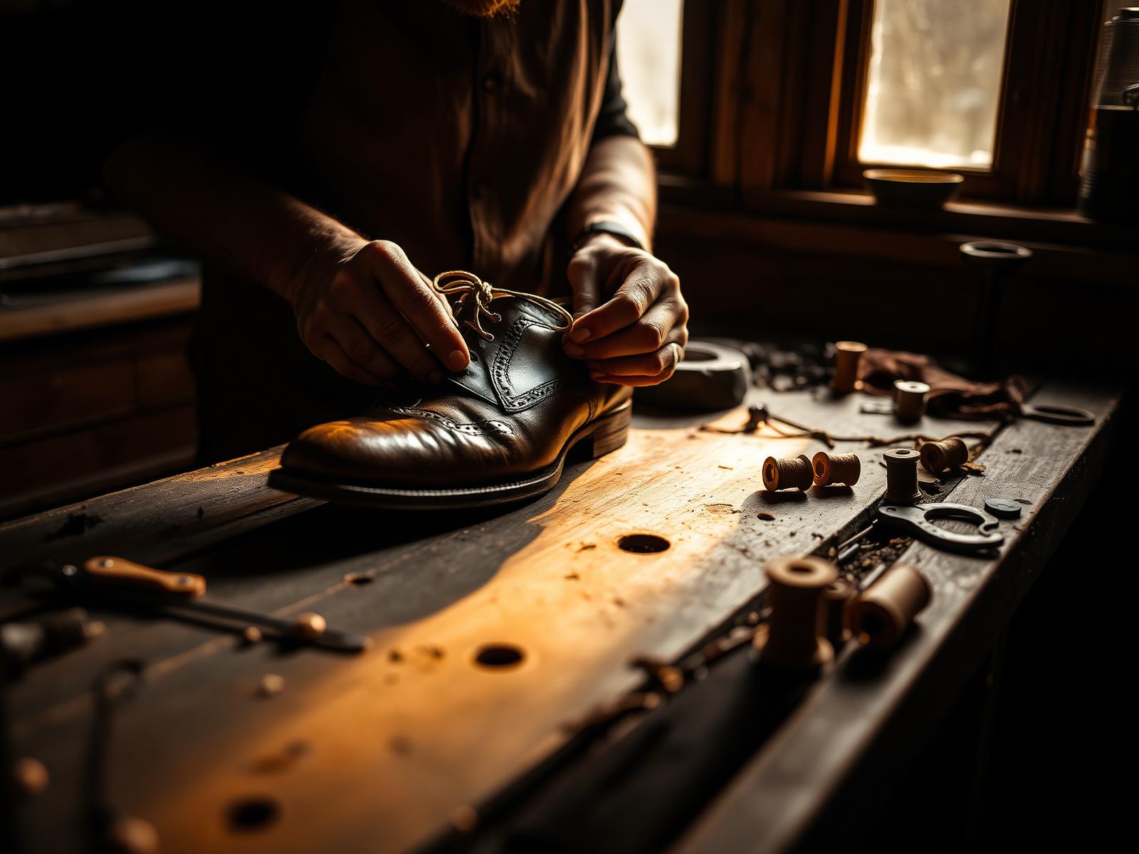 Cobbler stitching a brown leather dress shoe at a wooden workbench