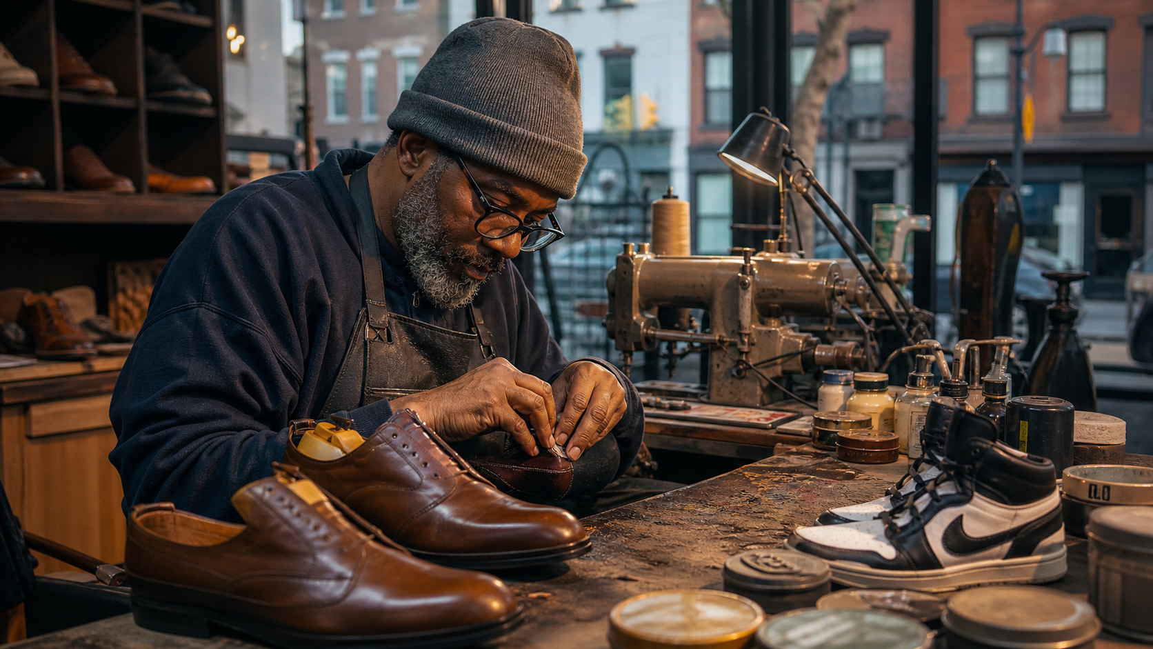 Cobbler stitching a brown leather shoe at a workbench beside a vintage sewing machine