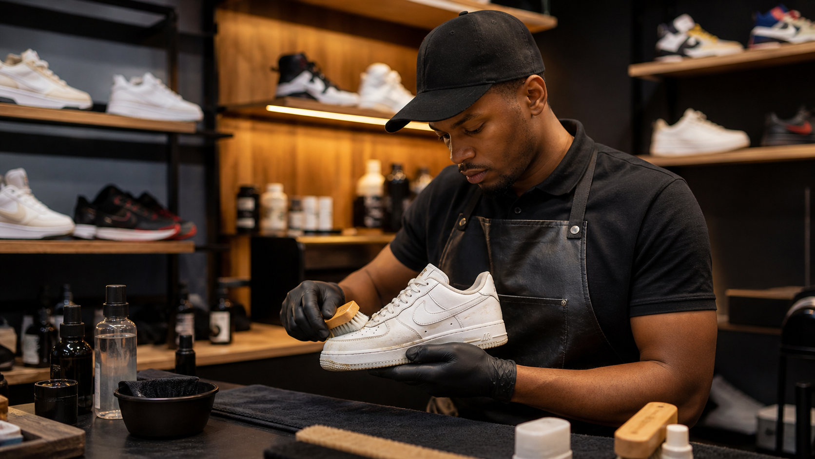 Cobbler hand-cleaning a white Nike sneaker